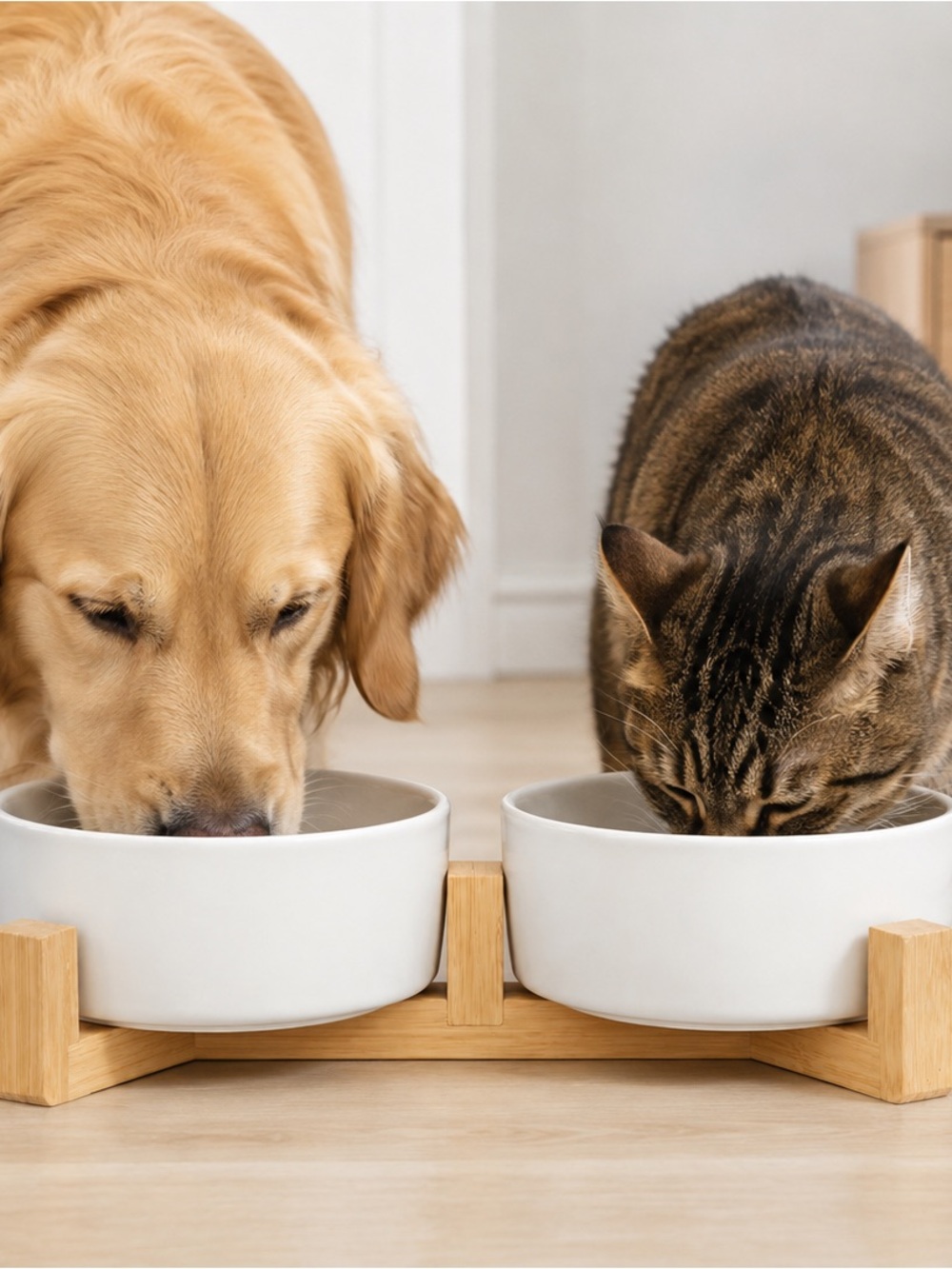 White Ceramic Cat & Dog Feeding Bowl Set with Bamboo Stand
